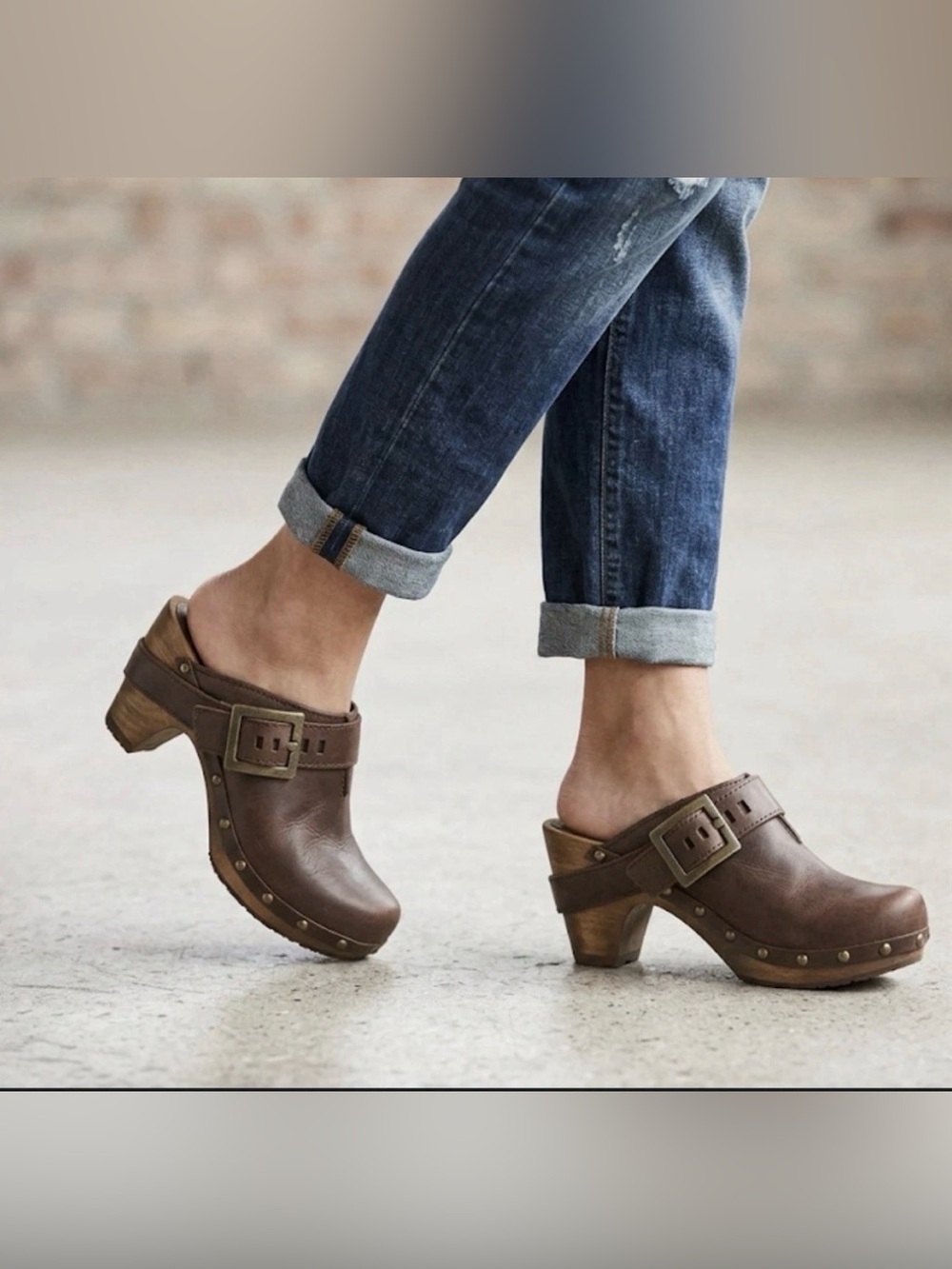 Sanita Brown Leather Buckle Clogs
